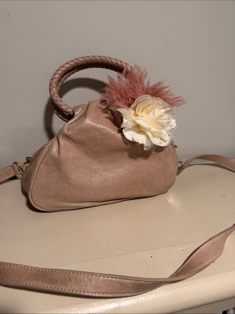 Talbots Blush Pink Leather Crossbody with Floral Accent